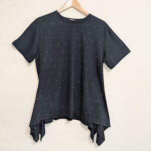 SONIA RYKIEL Rhinestone Embellished Short Sleeve Shark-bite Hem Black Sz Med Top